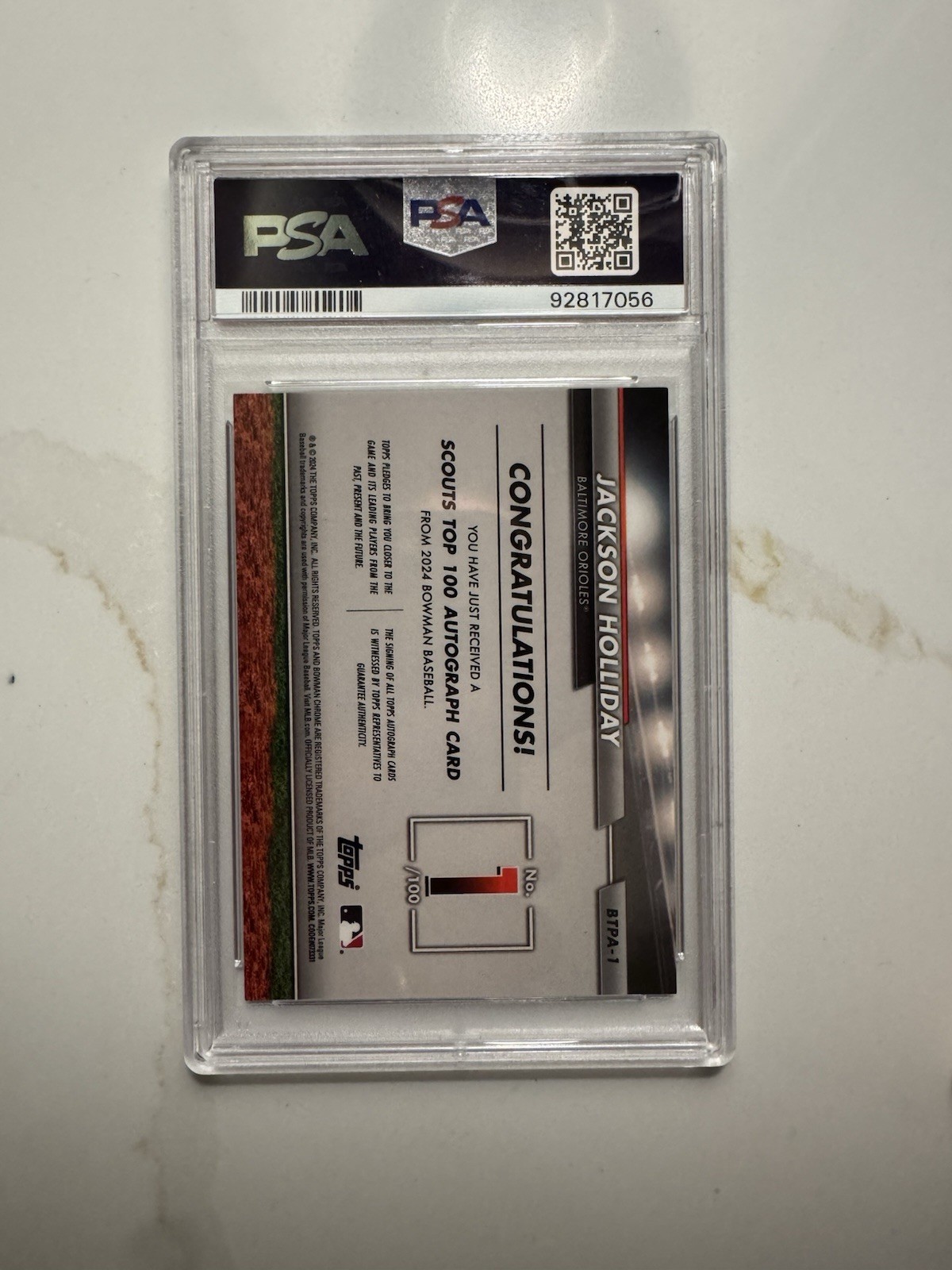 2024 Bowman Chrome Scouts Top 100 Auto Jackson Holliday /99