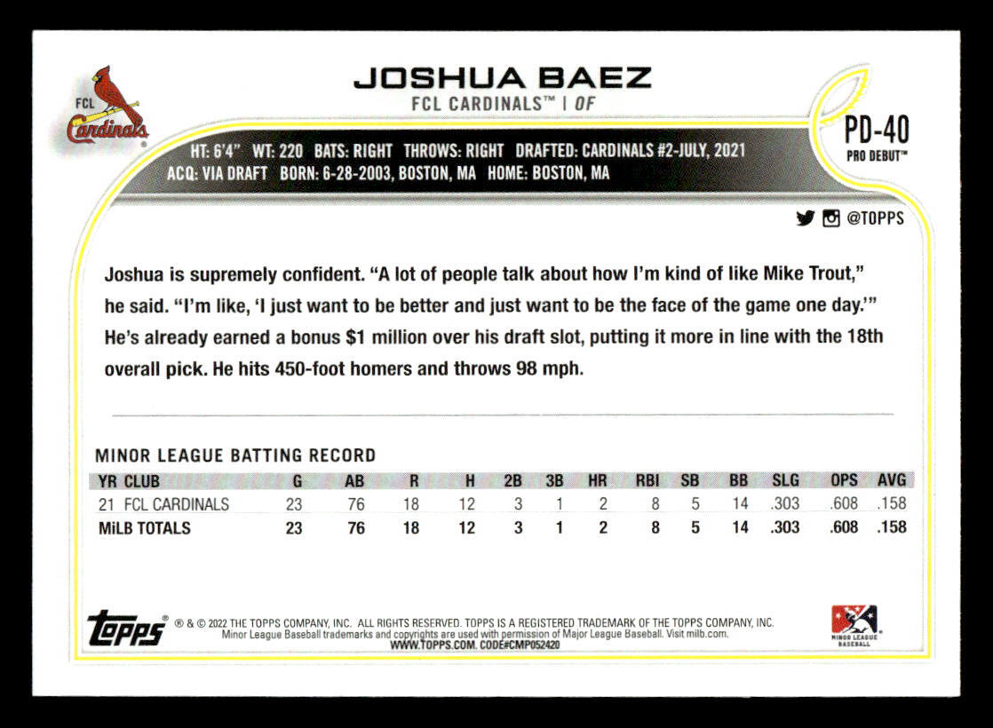 2022 Topps Pro Debut #PD-40 Joshua Baez Card FCL Cardinals