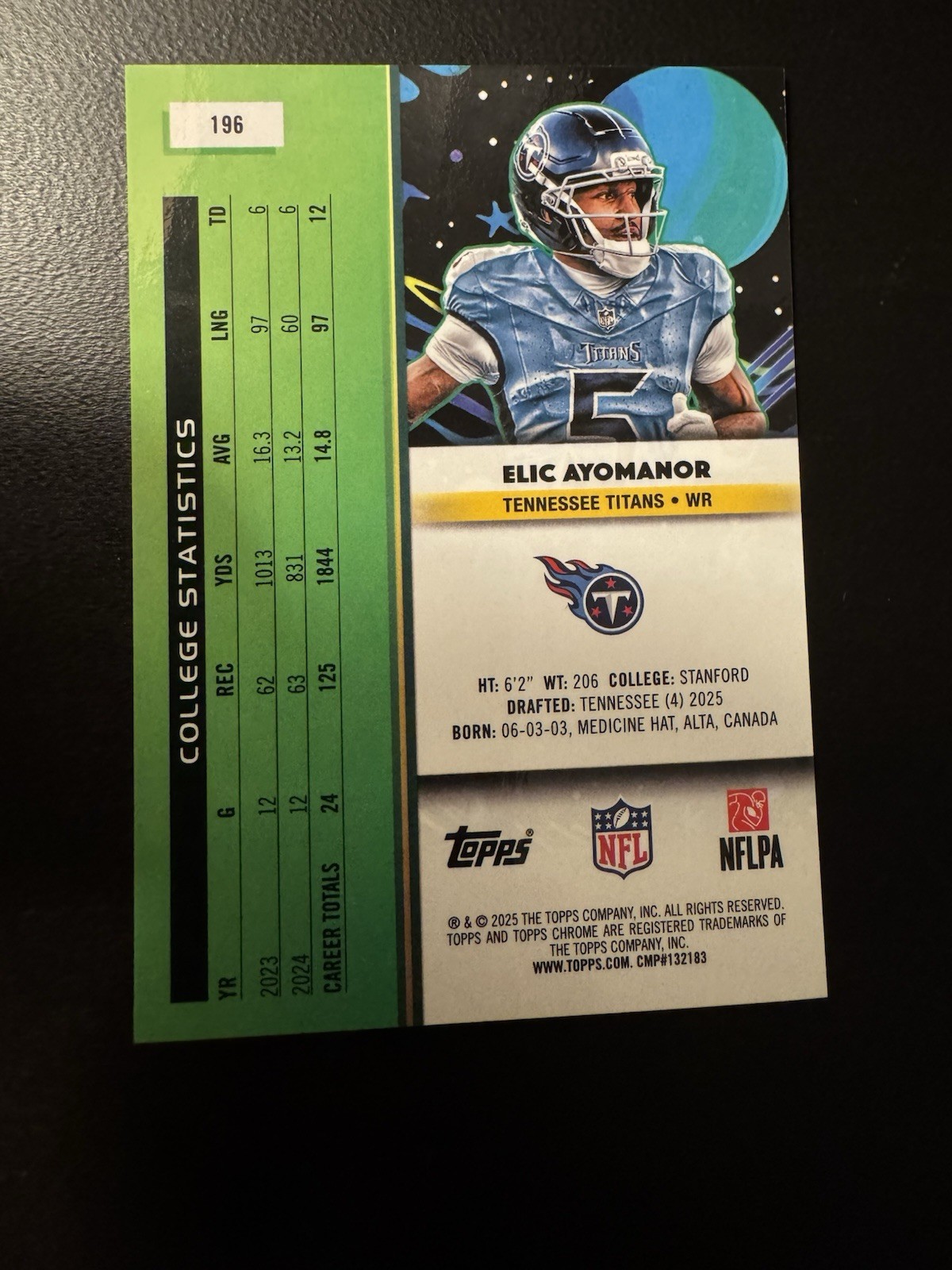 2025 Topps Chrome Cosmic Elic Ayomanor NUMBER MATCH RC 05/25 Tennessee Titans