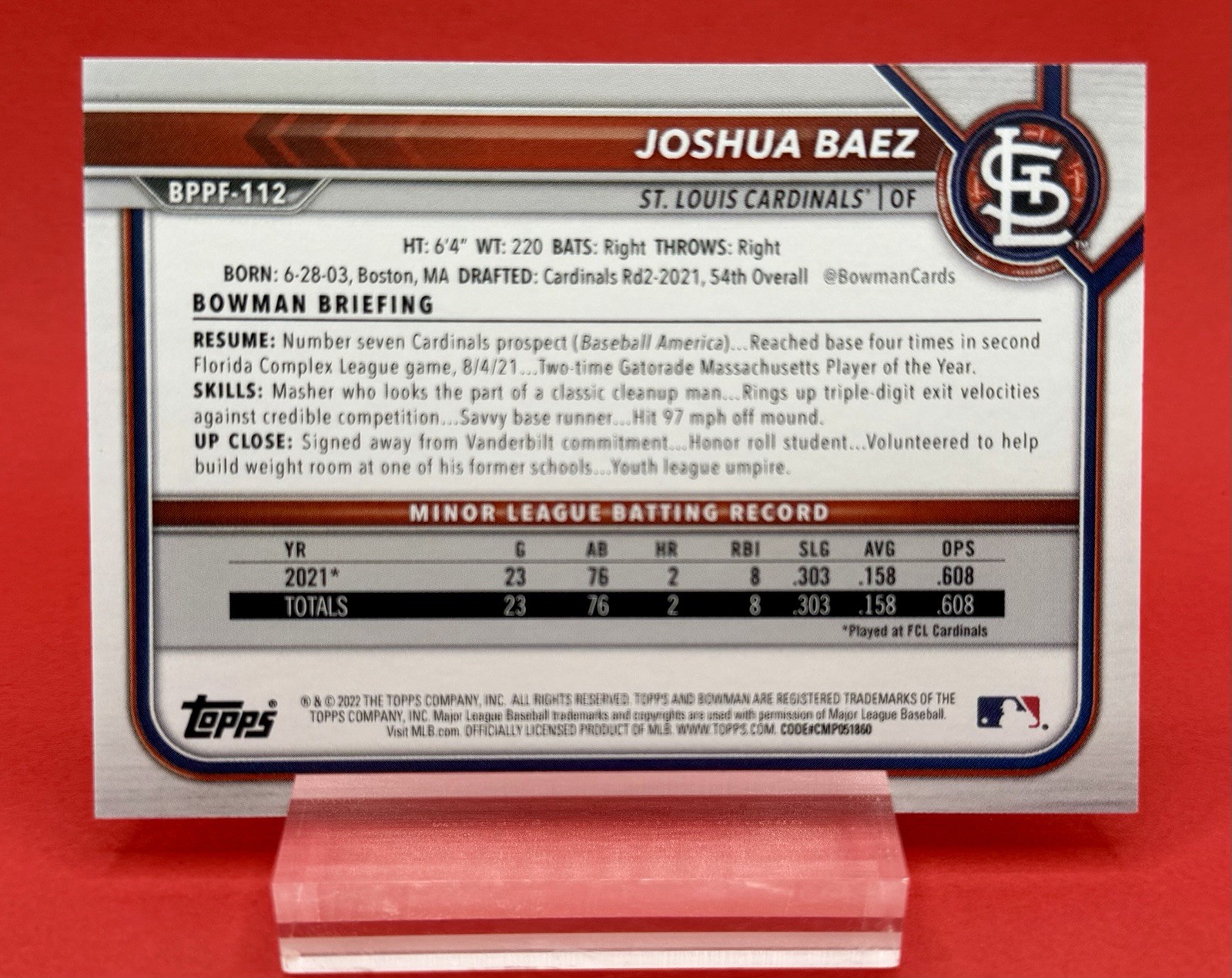 2022 Bowman Paper Prospects – First Edition – Joshua Baez (RC) 1st Bowman