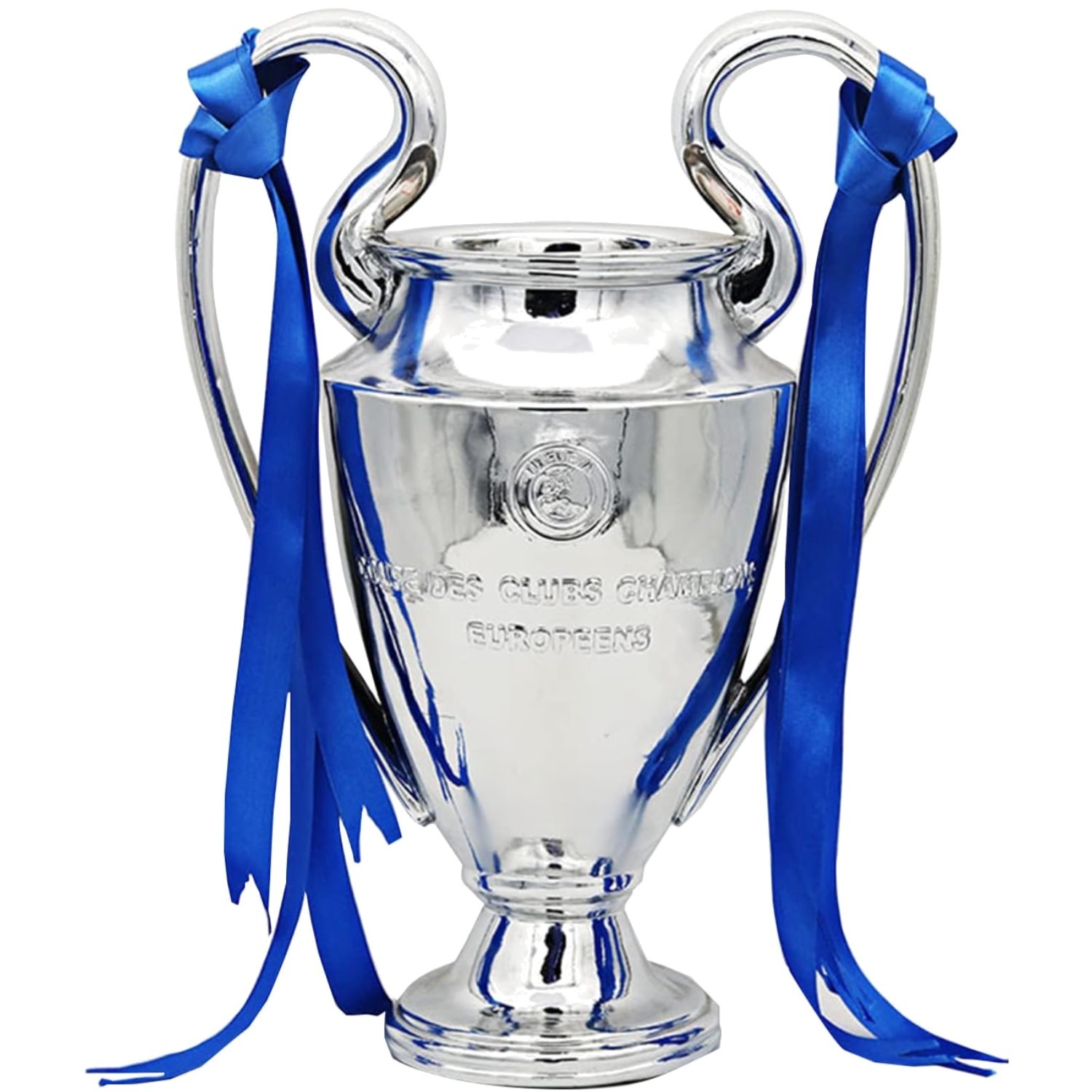 “Office Decoration Trophy, Chrome Plated Silver/Blue Ribbon”
