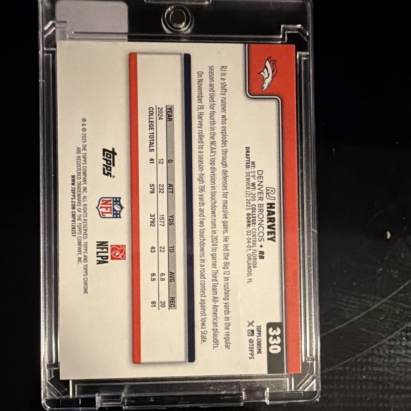 Topps 2025 Chrome RJ Harvey Denver Broncos Rookie #330 Football Trading Card