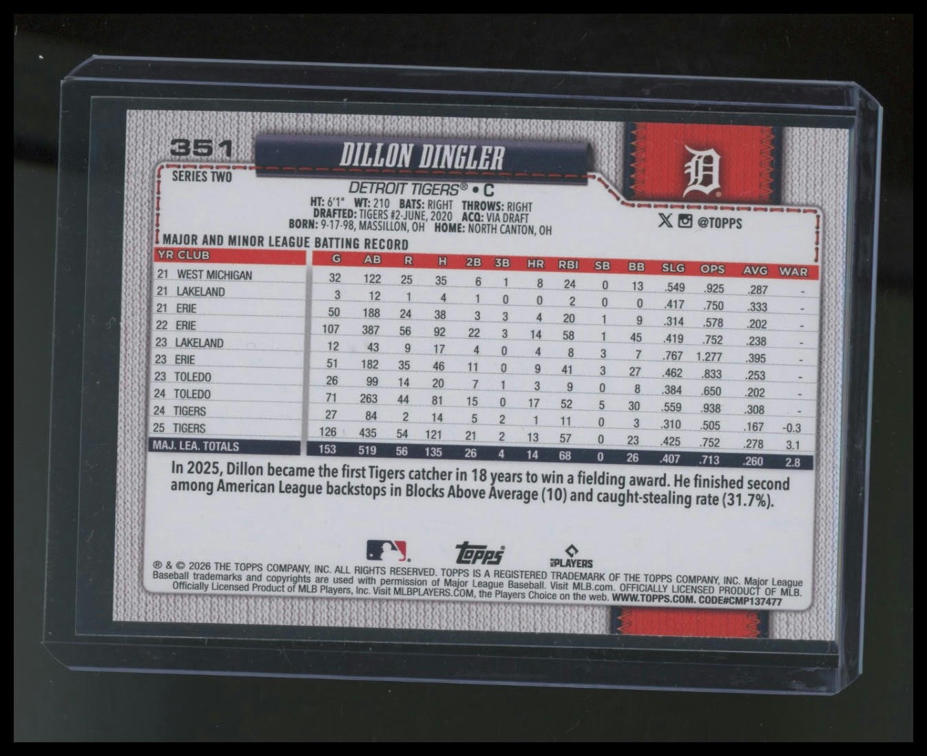 Dillon Dingler 2026 Topps Series 2 Diamante Foil Tigers Card #351