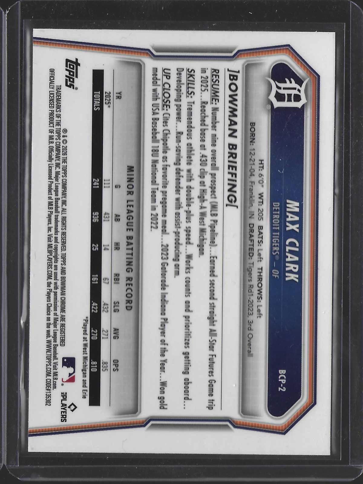2026 Bowman #BCP-2 Max Clark Chrome Prospects Fuchsia Refractor 147/199