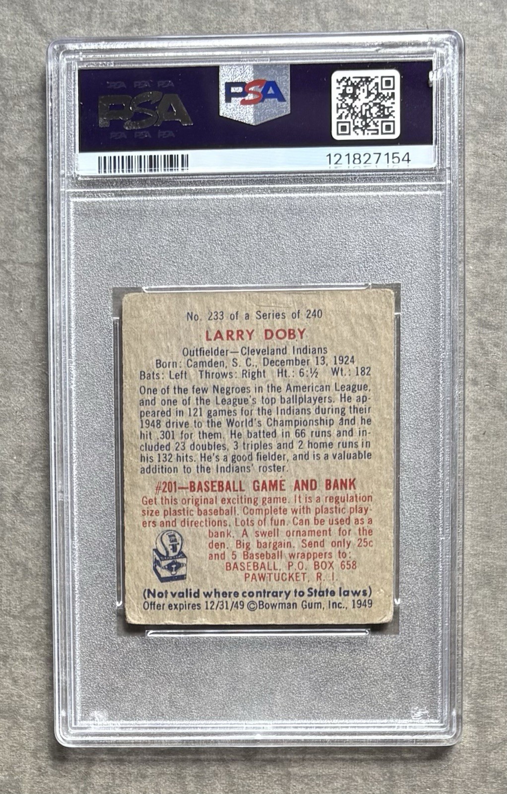 1949 BOWMAN #233 LARRY DOBY PSA 1.5 FAIR Cleveland Indians HOF Rookie Card RC