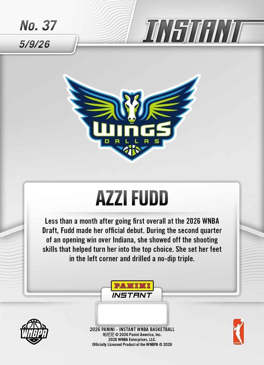 2026 Panini Instant WNBA #37 Azzi Fudd Dallas Wings RC Debut Fever – Presale