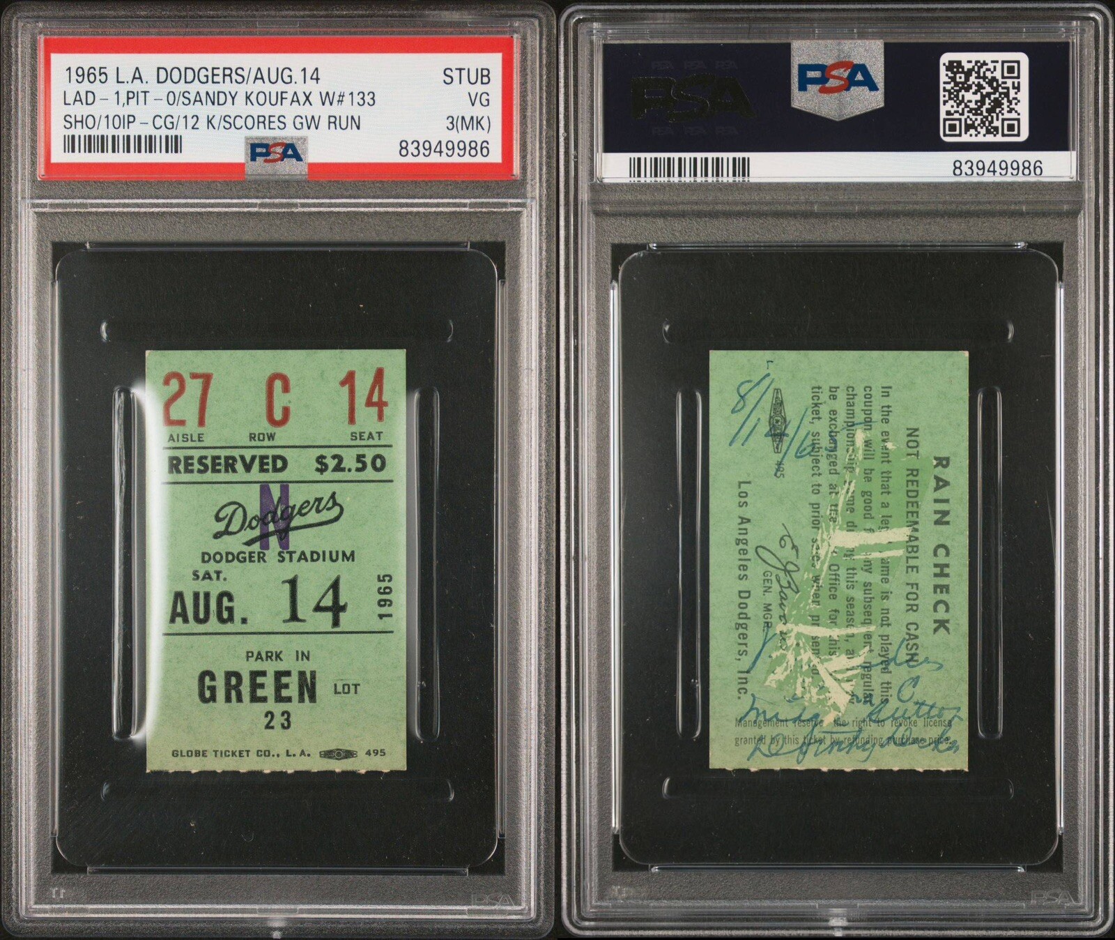 1965 SANDY KOUFAX WIN #133 CG/SHO/10INN/12K’s/GW RUN TICKET🎟️DODGERS POP1 PSA 3