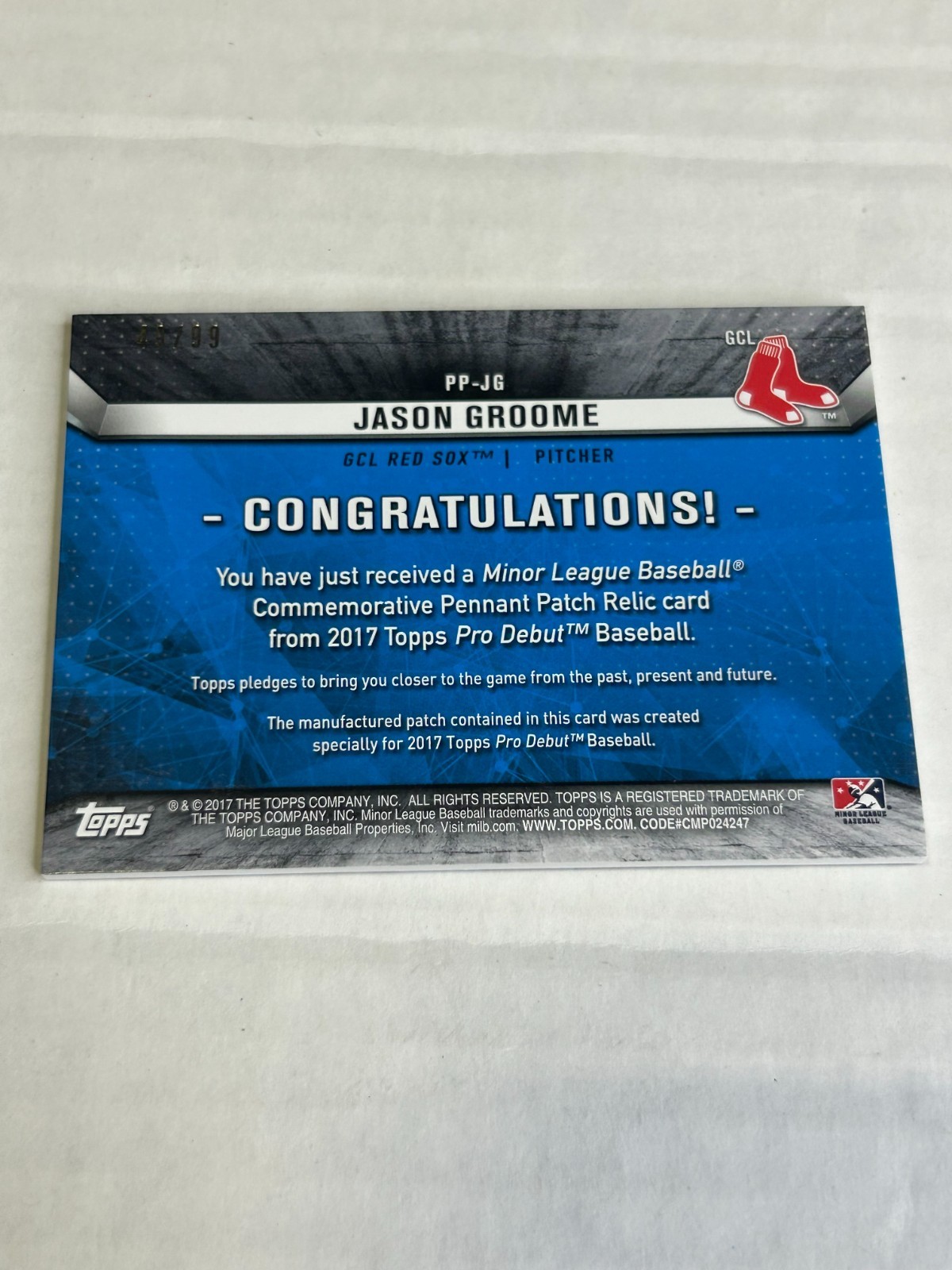 2017 Topps Pro Debut Jason Jay Groome 49/99 Pennant Patch Red Sox E5