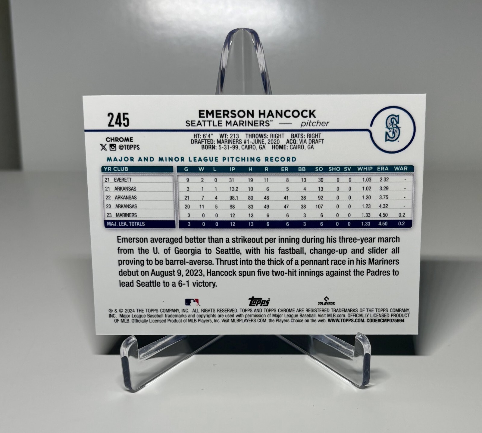 2024 Topps Chrome EMERSON HANCOCK Rookie Card Seattle Mariners (RC)