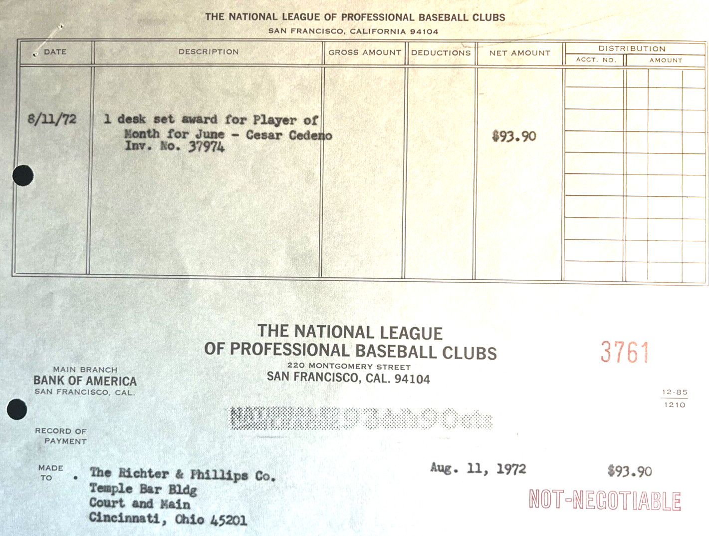 MLB ONE-OF-A-KIND NL INVOICE FOR CESAR CEDENO’S JUNE 1972 PLAYER OF MONTH AWARD!