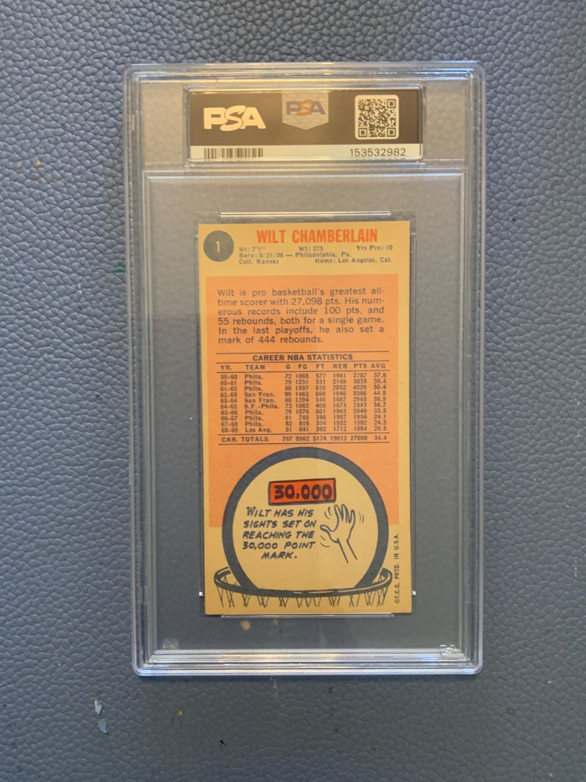 1969 Topps Tall Boy Wilt Chamberlain #1 PSA 2 Good LA Lakers HOF Legend!!
