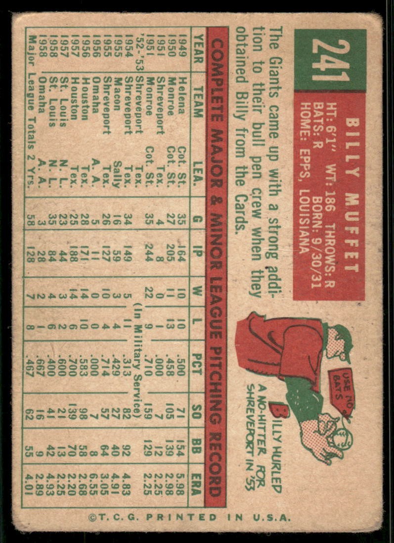 1959 Topps Billy Muffett : White/lighter back #241 San Francisco Giants