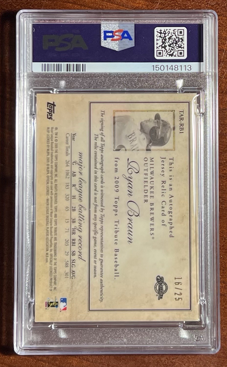 2009 Topps Tribute Ryan Braun Auto✍️Relics GOLD🥇PSA 8🎆/25🔥HIGHEST GRADE🚨