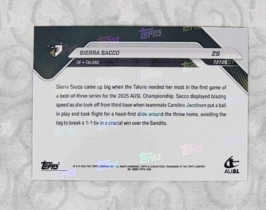 2025 Topps Now AUSL #29 Sierra Sacco Talons RC – 1/1 FoilFractor