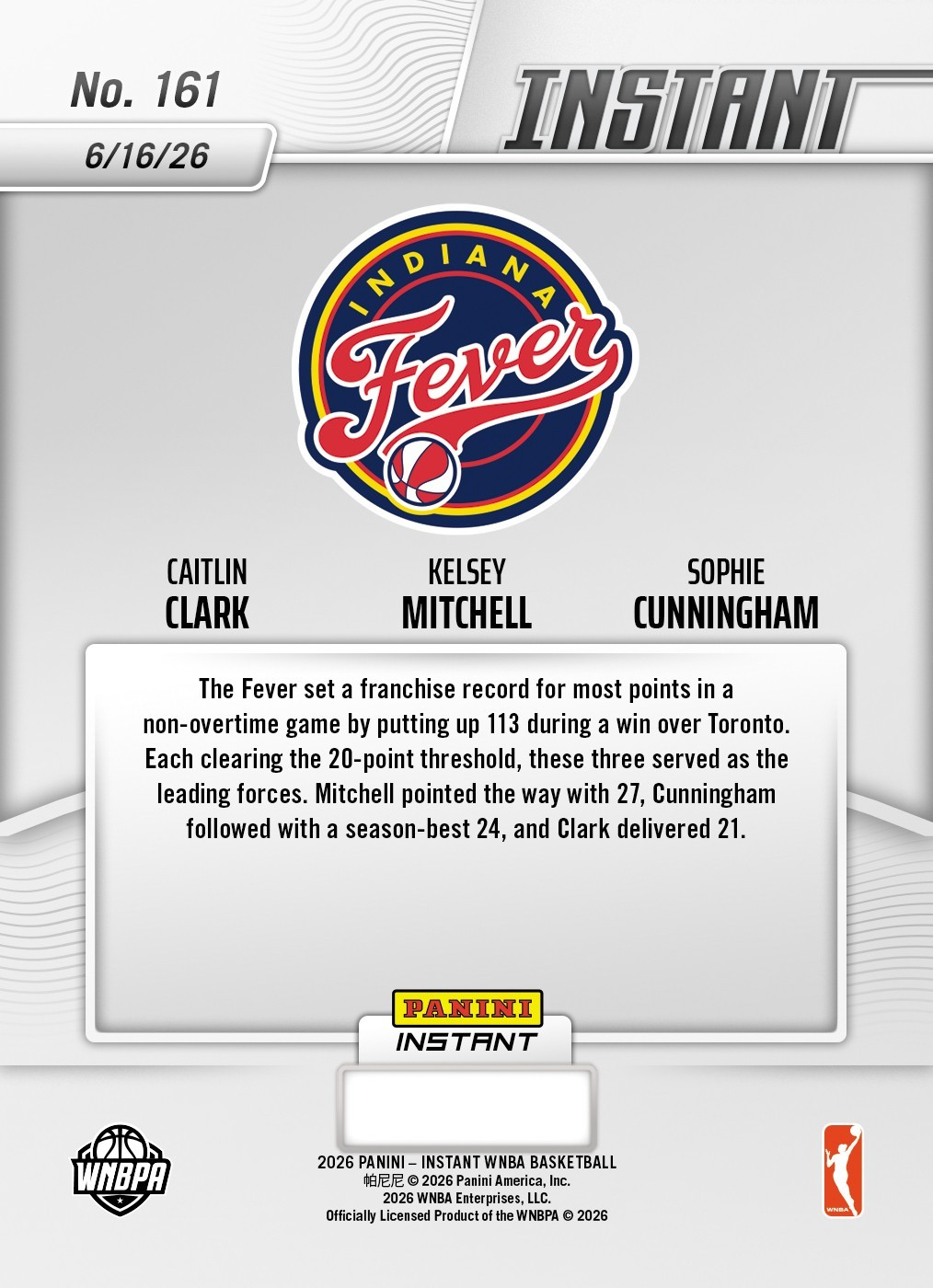 2026 Panini Instant WNBA #161 Caitlin Clark Mitchell Cunningham Fever PRESALE
