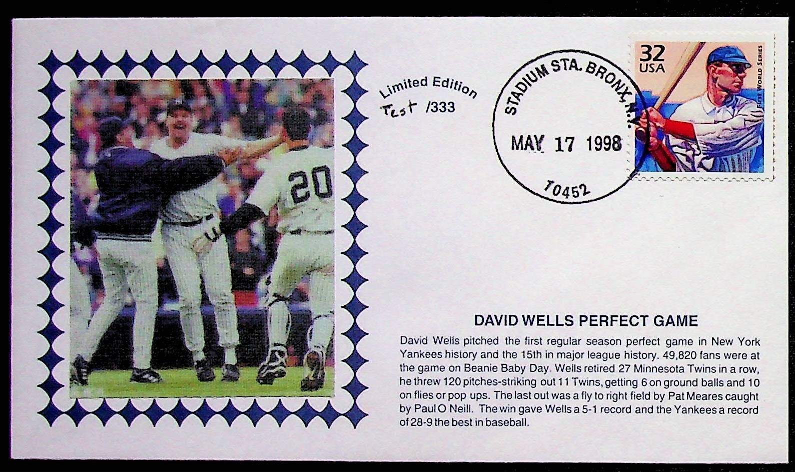 New York Yankees David Wells Perfect Game Silk Postal Cover 1998 Limited To 333