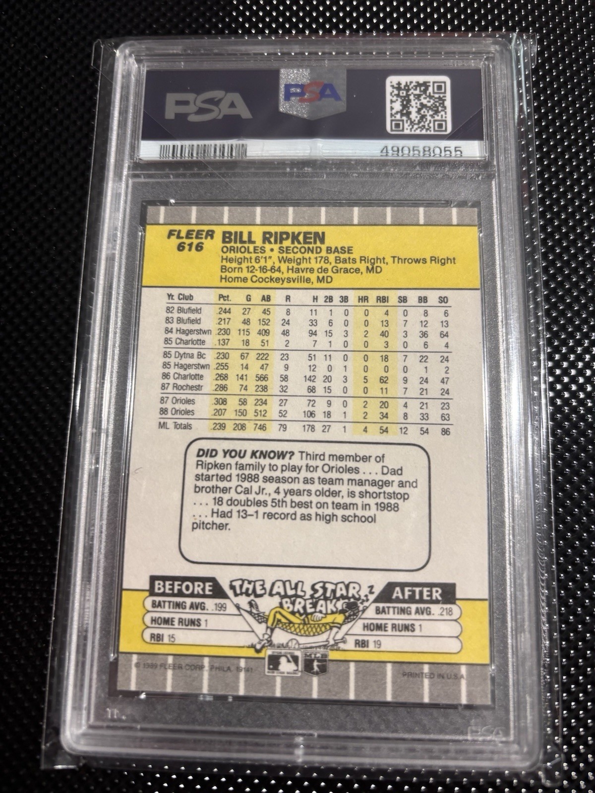 Fleer 1989 Bill Ripken #616 FF on Bat Knob Error PSA 9 Baseball Card