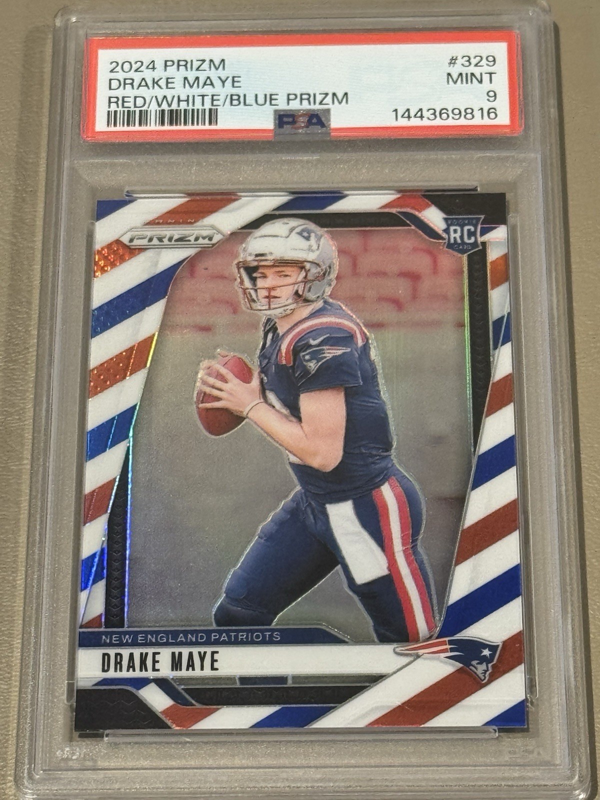 Panini Prizm 2024 Rookies Drake Maye RC #329 Red White & Blue Prizm PSA 9