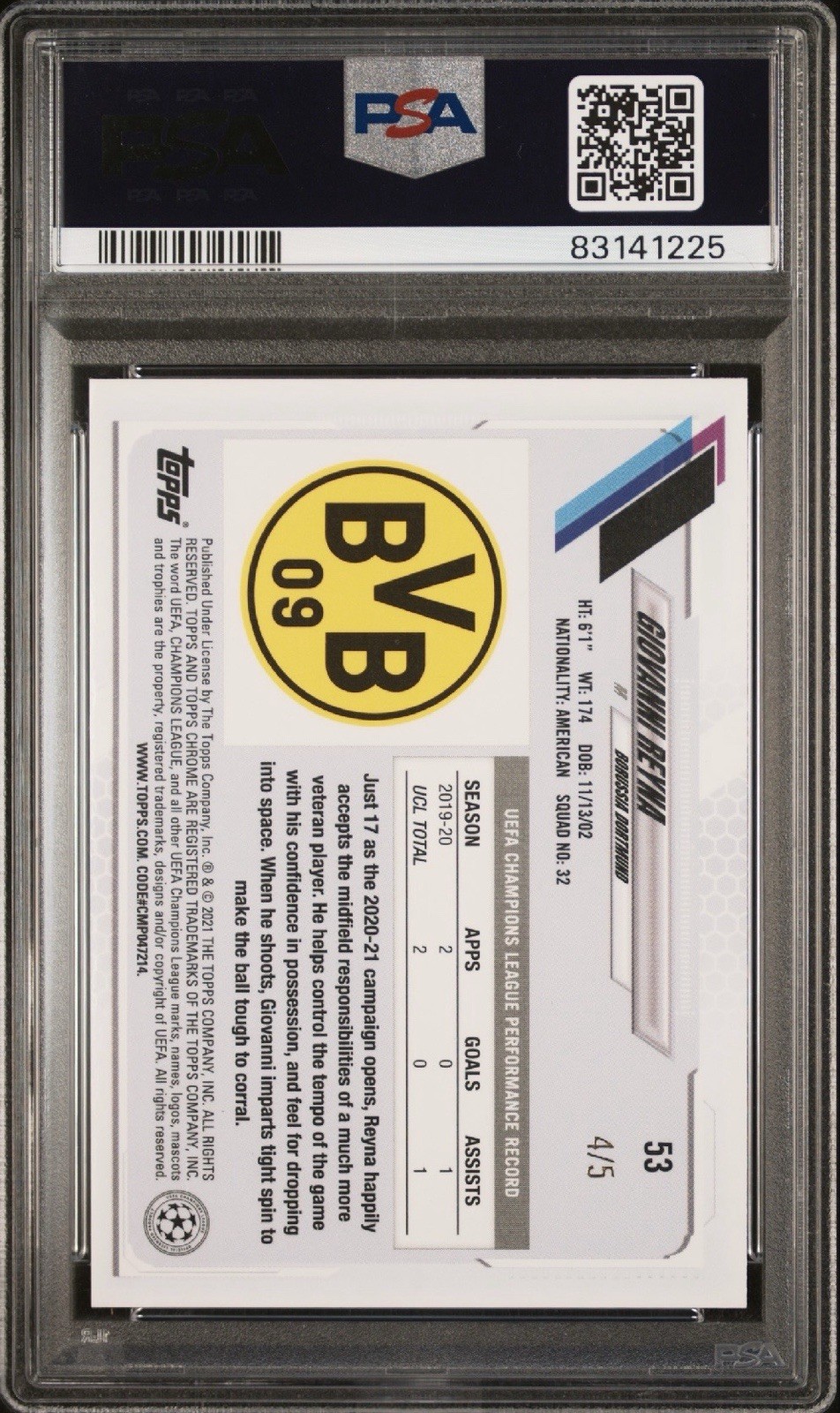 Giovanni Gio Reyna 2020-21 Topps Chrome UCL UEFA Sapphire #53 Red 4/5 PSA 9