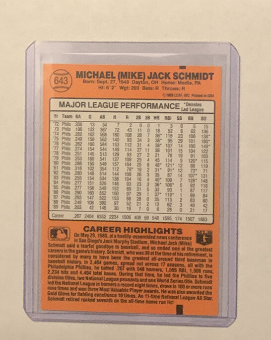 1990 Donruss Mike Schmidt “All Time Great” ERROR CARD No Dot After Inc RARE MINT