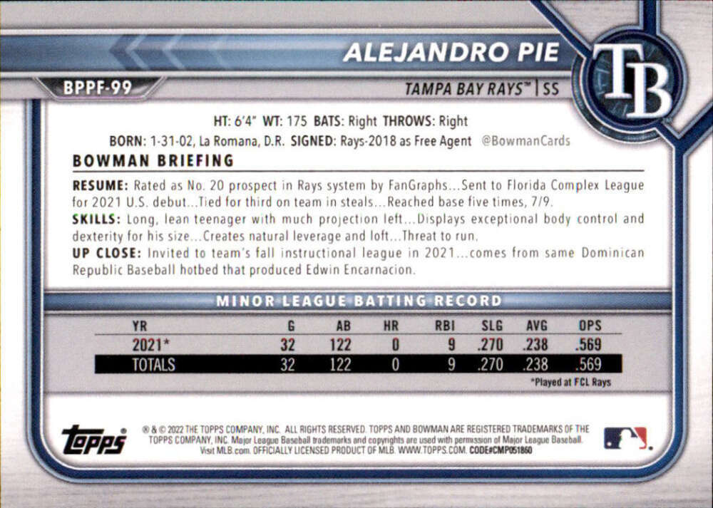 2022 Bowman 1st Edition #BPPF-99 Alejandro Pie Tampa Bay Rays