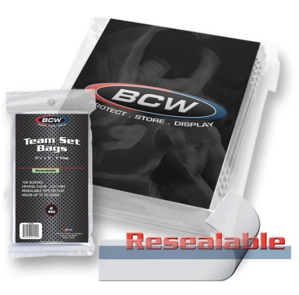 BCW Resealable Team Set Bags – 1 Pack (100) Count – 2 Mil Sleeves – Brand New