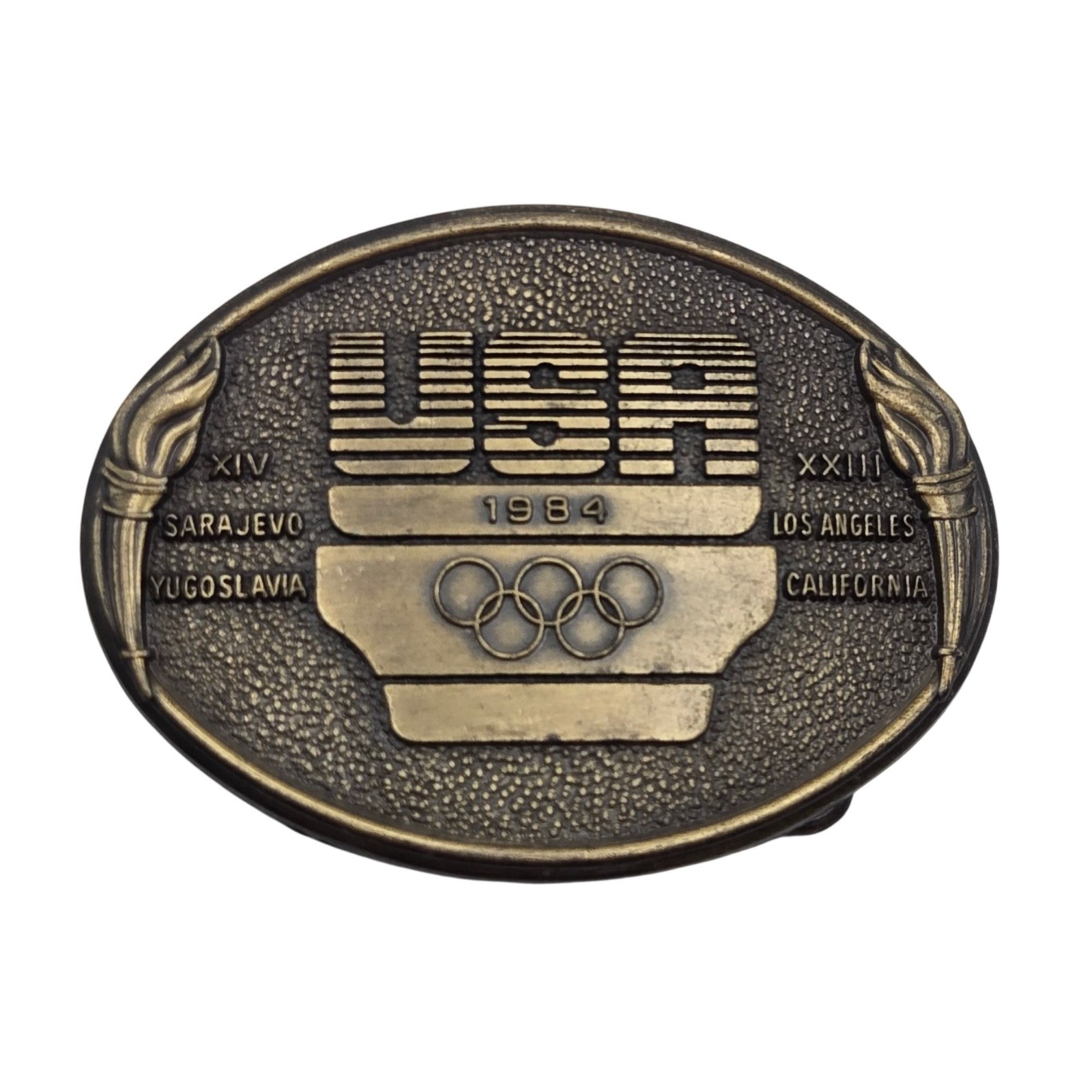 USA 1984 Olympic Belt Buckle Los Angeles Sarajevo LA Torch Rings Sports Athletes