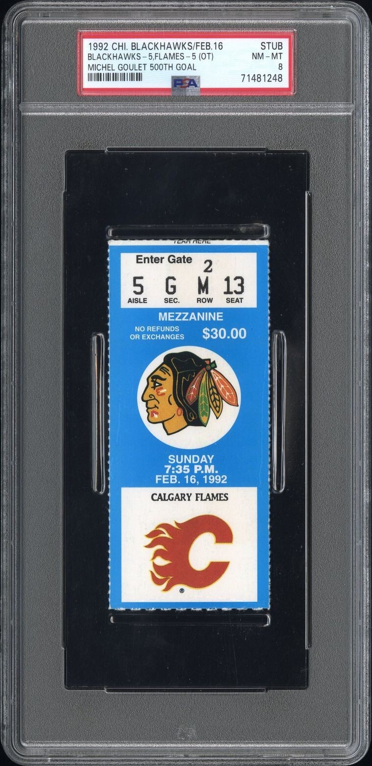 1992 Michel Goulet 500th NHL Goal Ticket PSA 8 Pop 1 None Higher Blackhawks 2/16