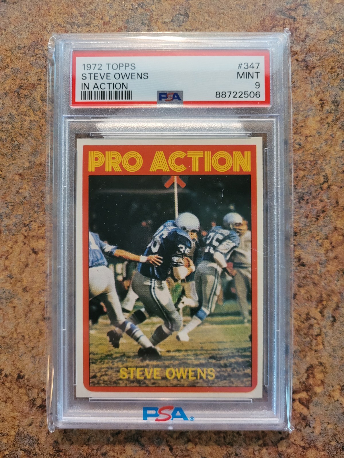 1972 Topps Ftball Card Steve Owens, Pro Action, High Number, #347, PSA 9, MINT