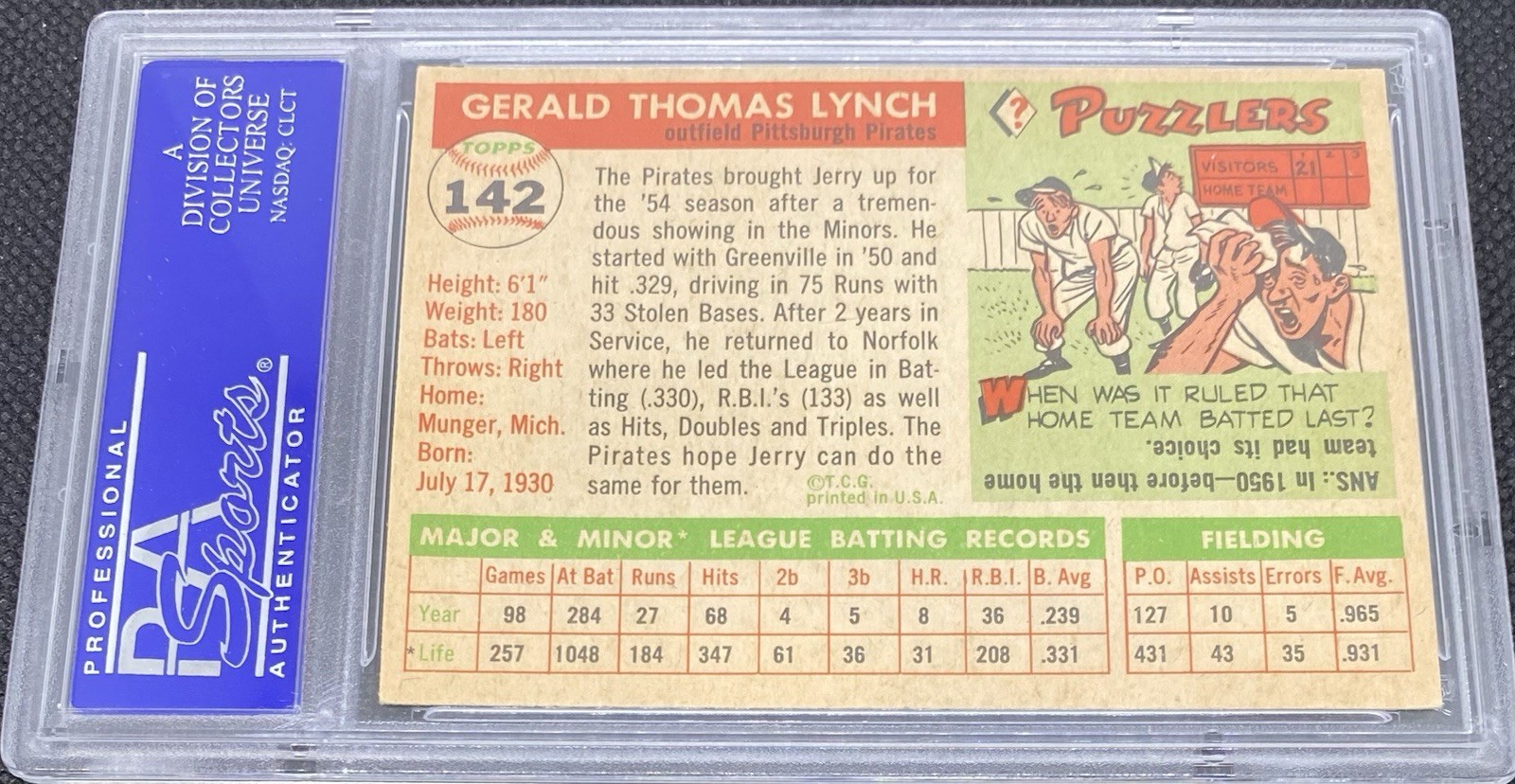 1955 Topps Baseball #142 Jerry Lynch Pittsburgh Pirates PSA 8 NM-MT