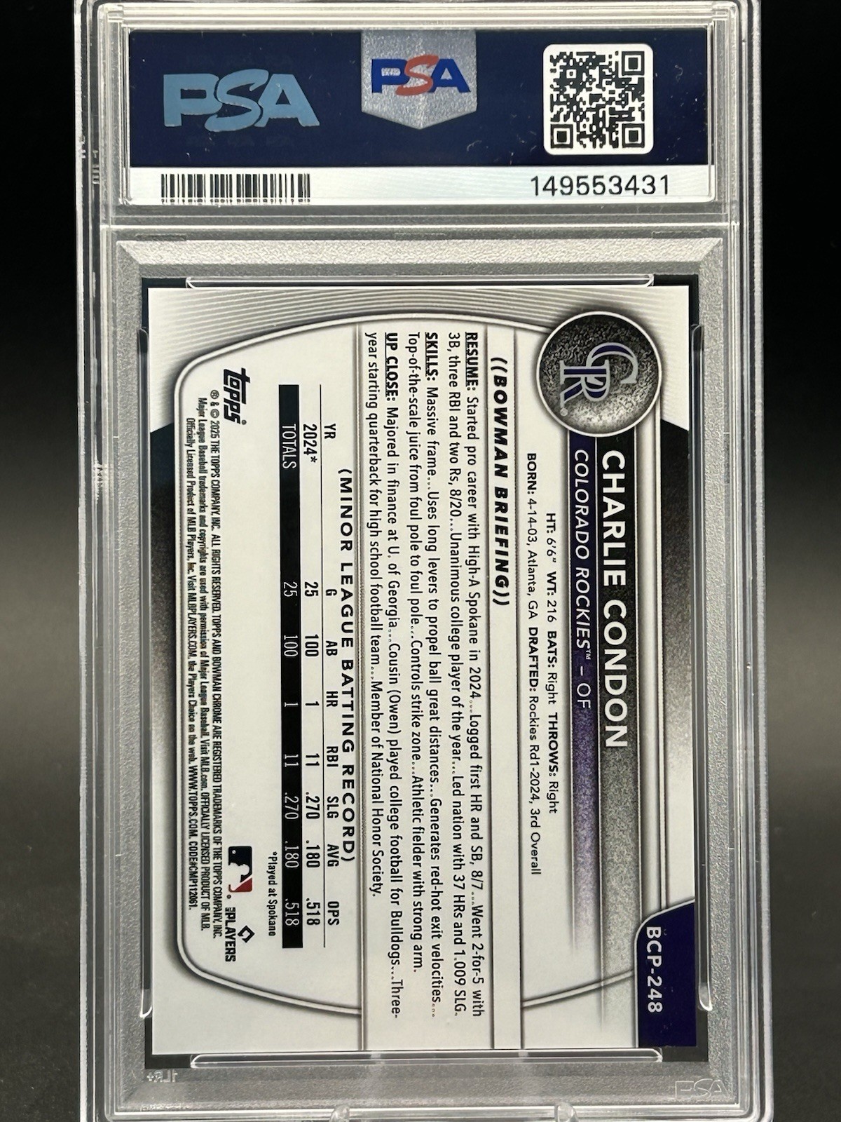 2025 Bowman Chrome Sapphire Charlie Condon Prospects Orange Refr /25 PSA 10 B931