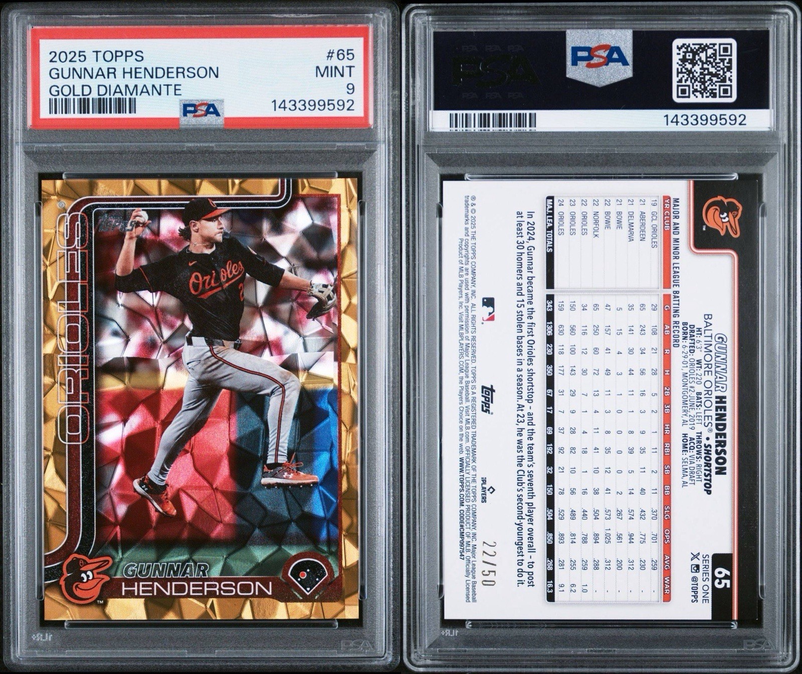 2025 Topps #65 Gunnar Henderson Gold Diamanté /50 PSA 9 Mint