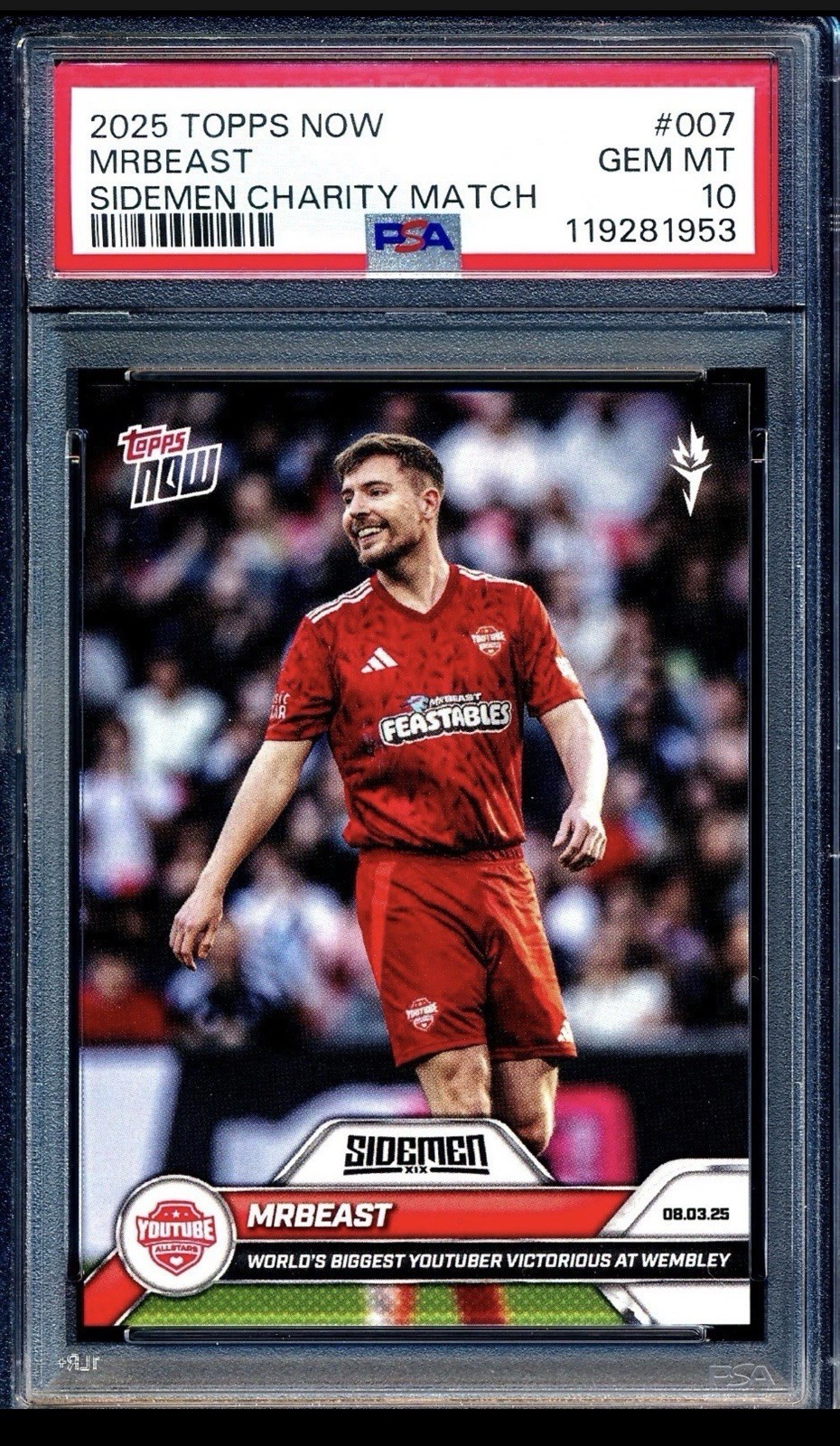 MrBeast 2025 Topps Now Sidemen Mr Beast Rookie Card PSA 10 (LOW POP)