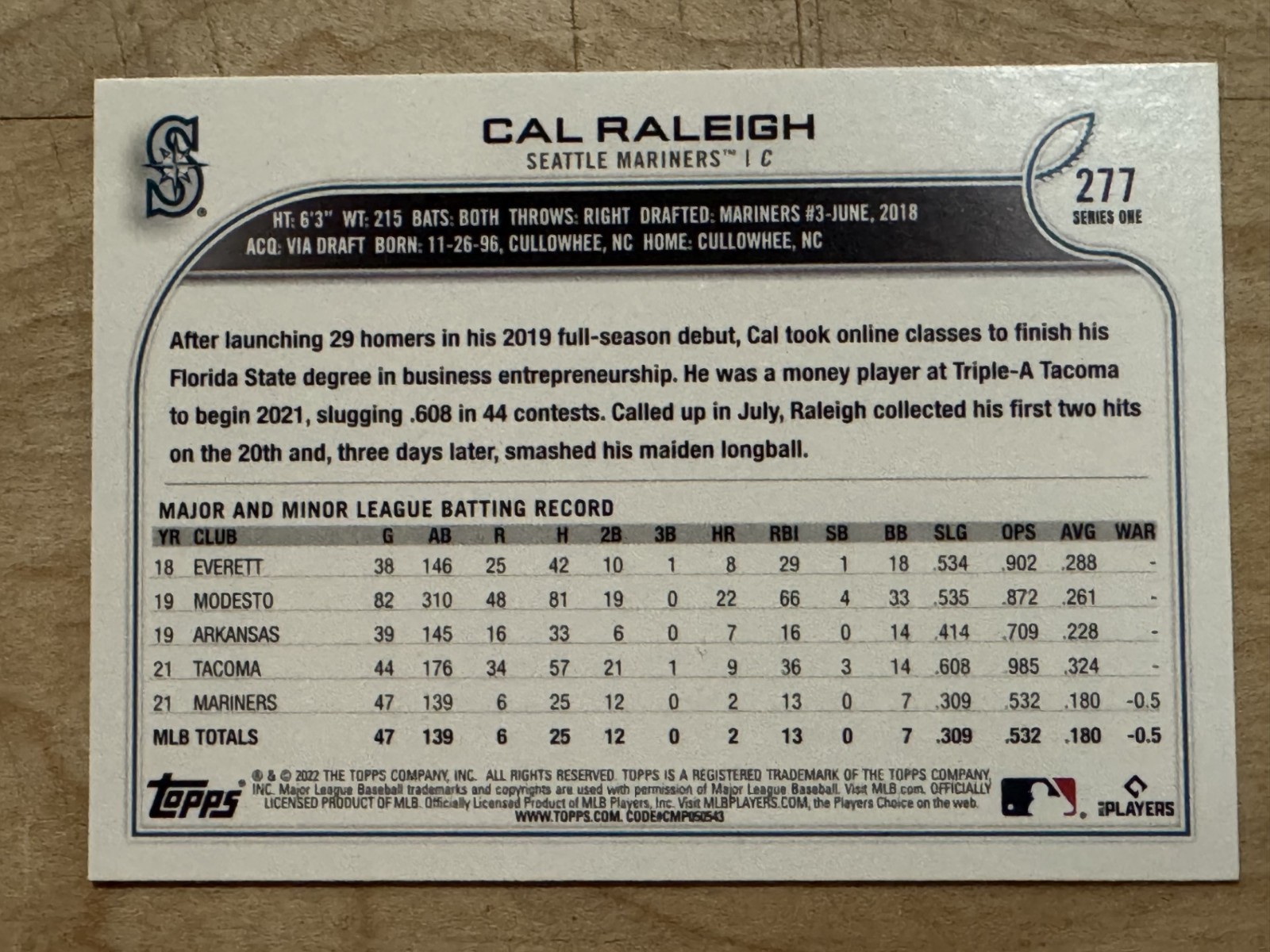 2022 Topps Cal Raleigh RC #277 Seattle Mariners
