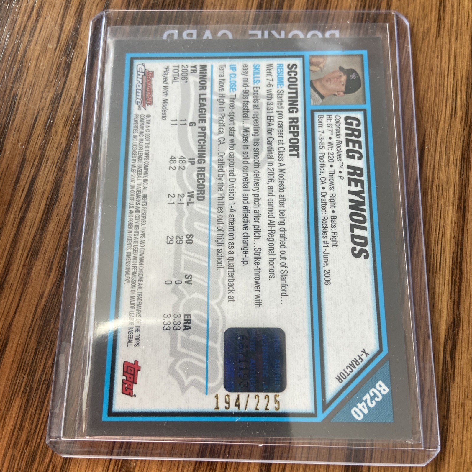 2007 Bowman Chrome #BC240 Greg Reynolds Prospects X-Fractors #/225