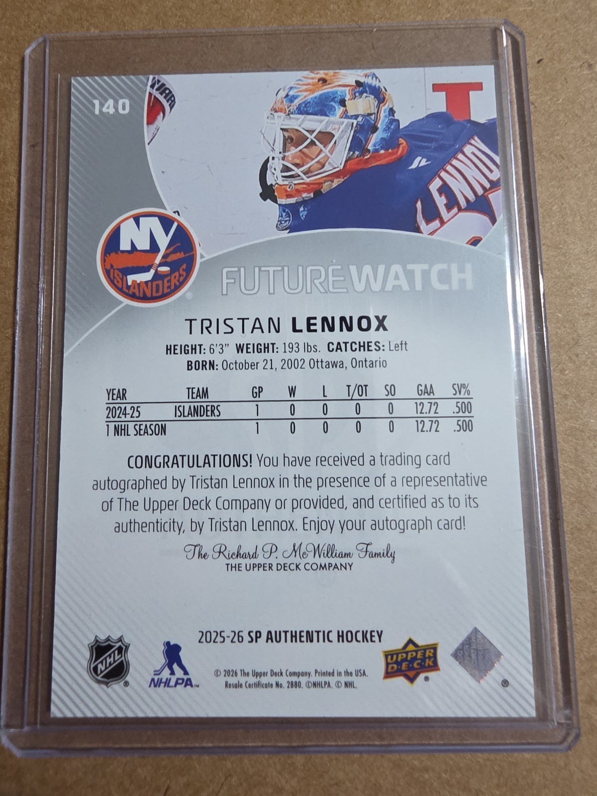 TRISTAN LENNOX 2025-26 SP AUTHENTIC FUTURE WATCH AUTO /999 ROOKIE RC #140