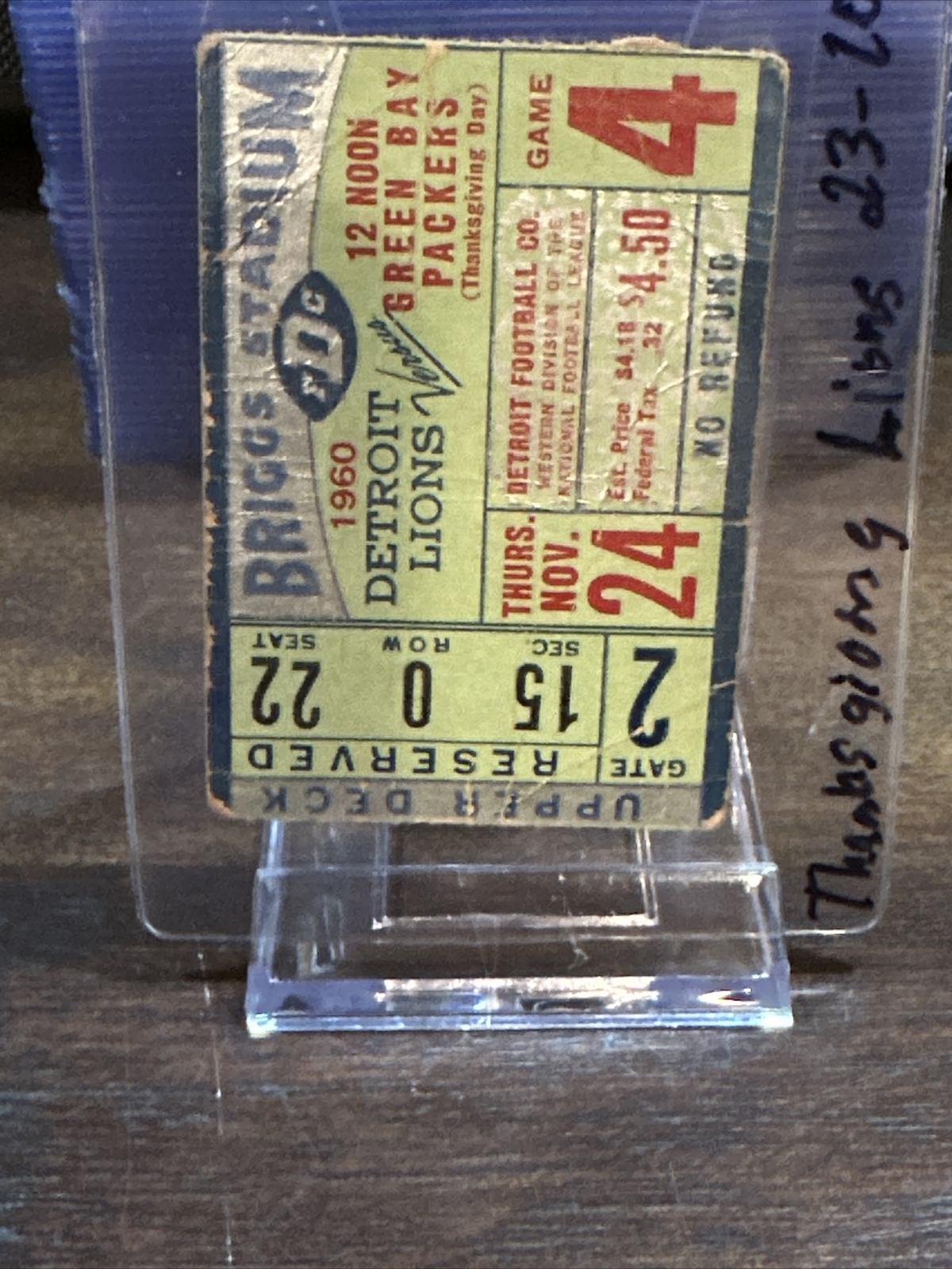 1960 Green Bay Packers Detroit Lions Ticket Stub 11/24/60 Thanksgiving Game