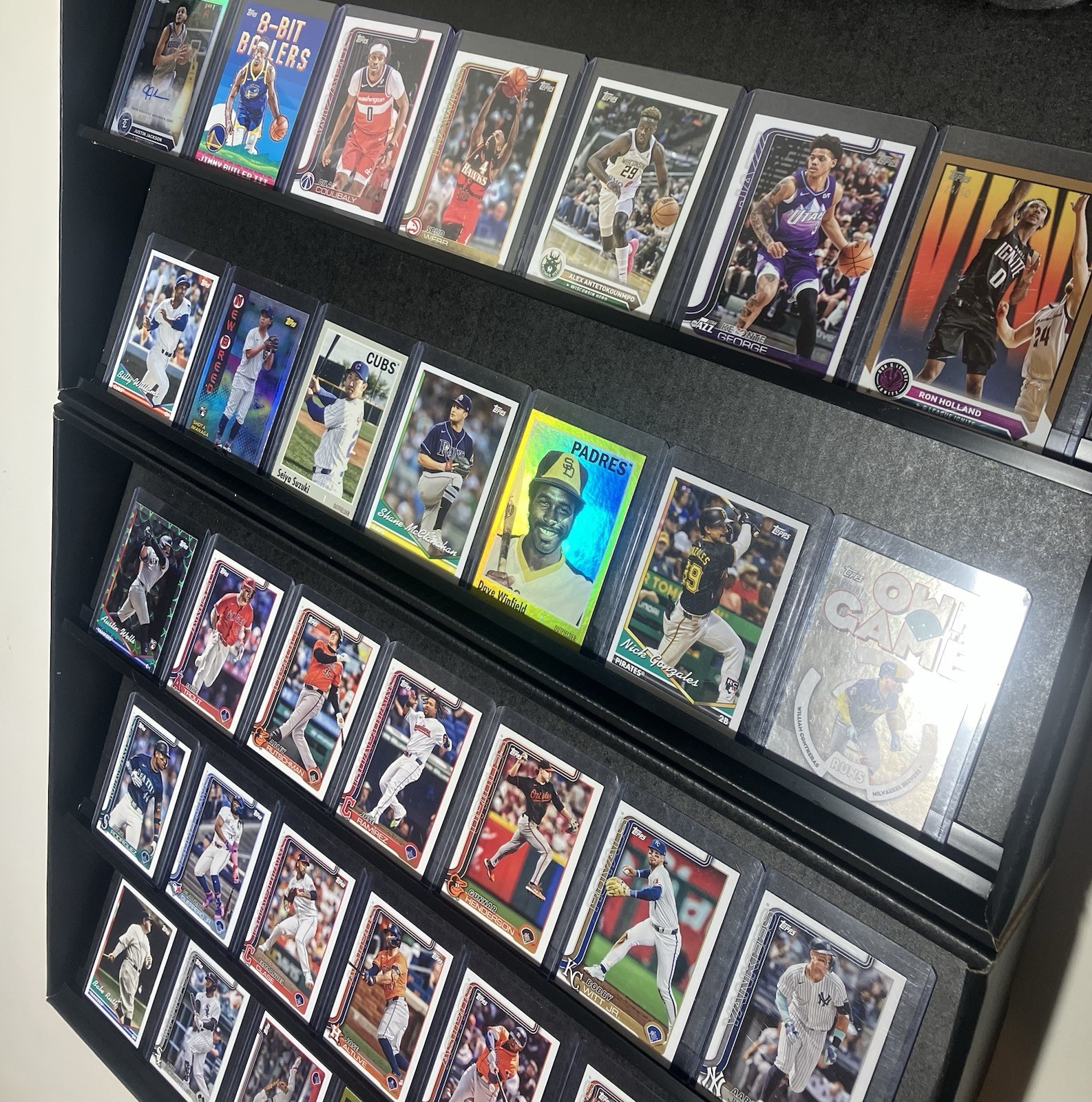 Sports Cards Display Stand Shelf economy corrugated cardboard with plastic rails