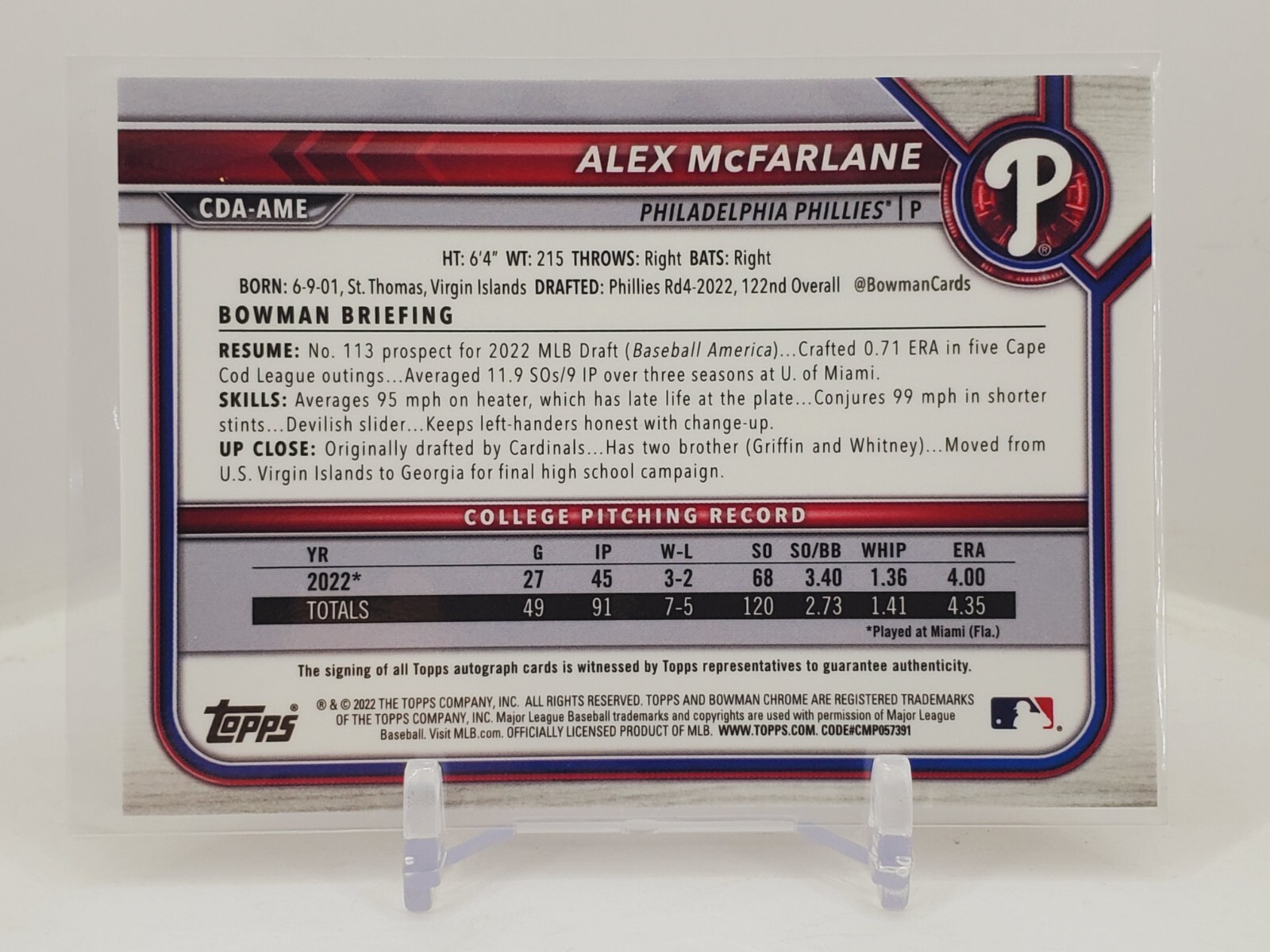 2022 Bowman Chrome 1st Alex McFarlane Base Auto Phillies ROOKIE RC Autograph C2