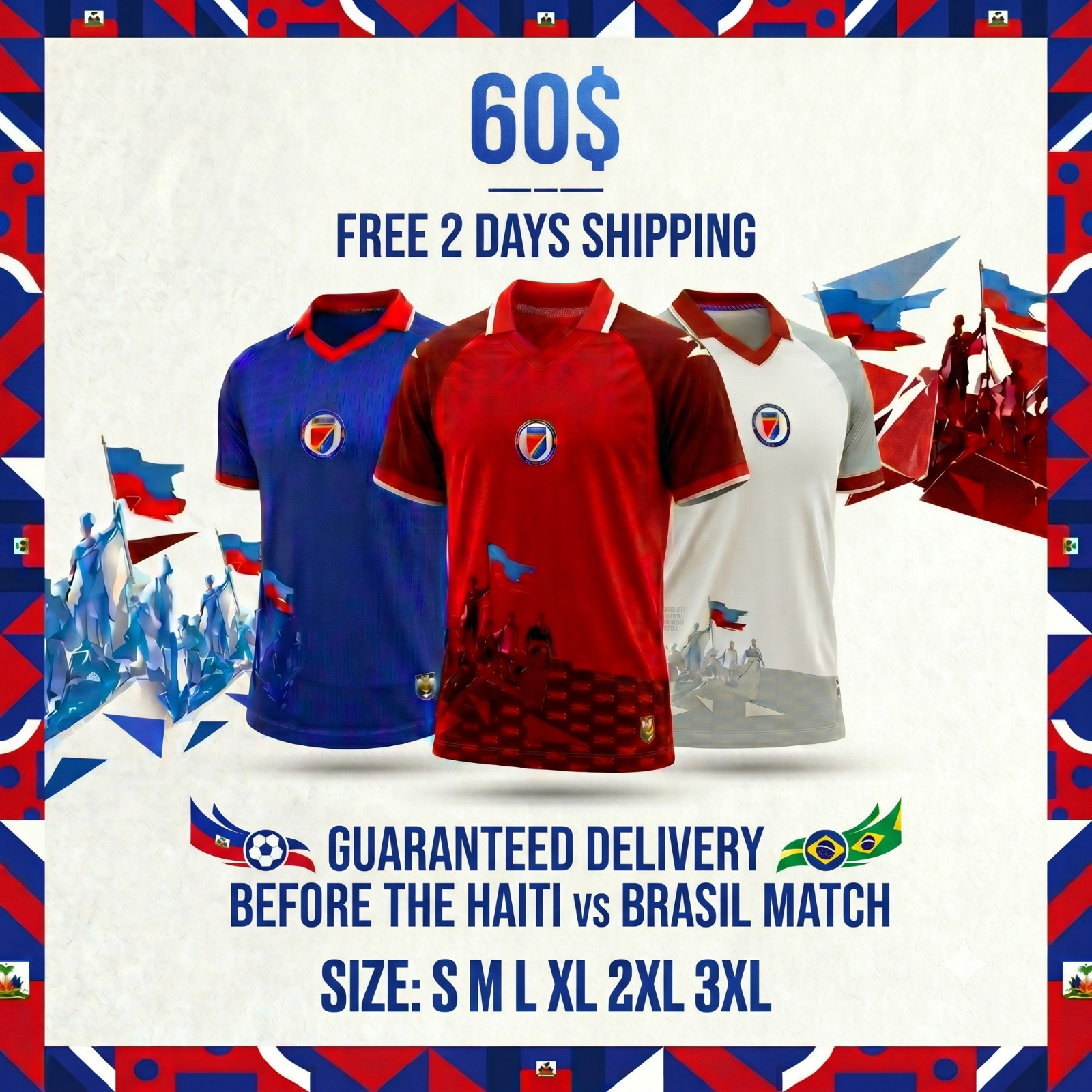 HAITI SOCCER JERSEY BLUE – RED – WHITE Size Small – 3XL (FREE SHIPPING)