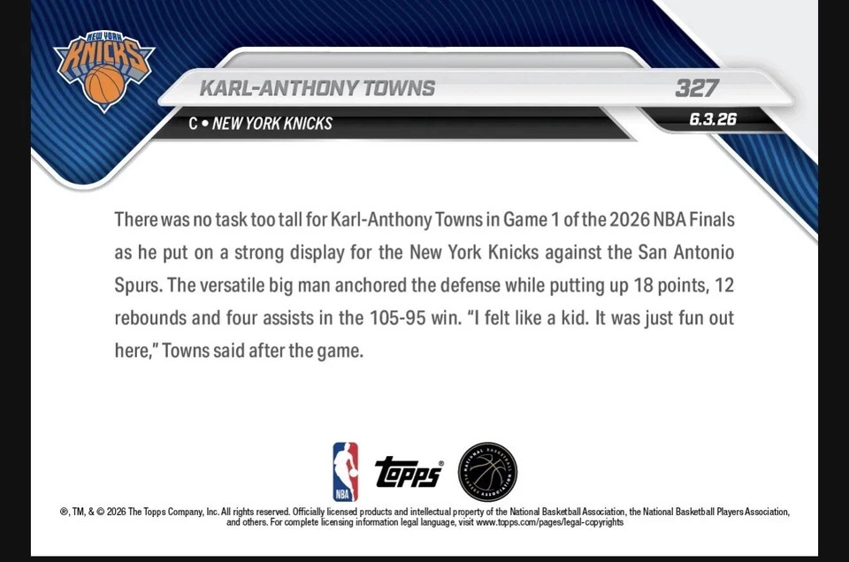 2026 Karl-Anthony Town NBA Finals Topps Now #327 New York Knicks Presale