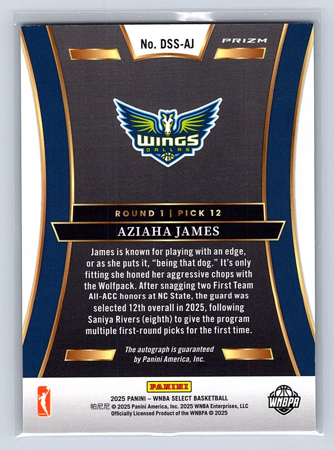 2025 Panini Select WNBA AZIAHA JAMES Draft Selections Signatures RC #DSS-AJ Wing