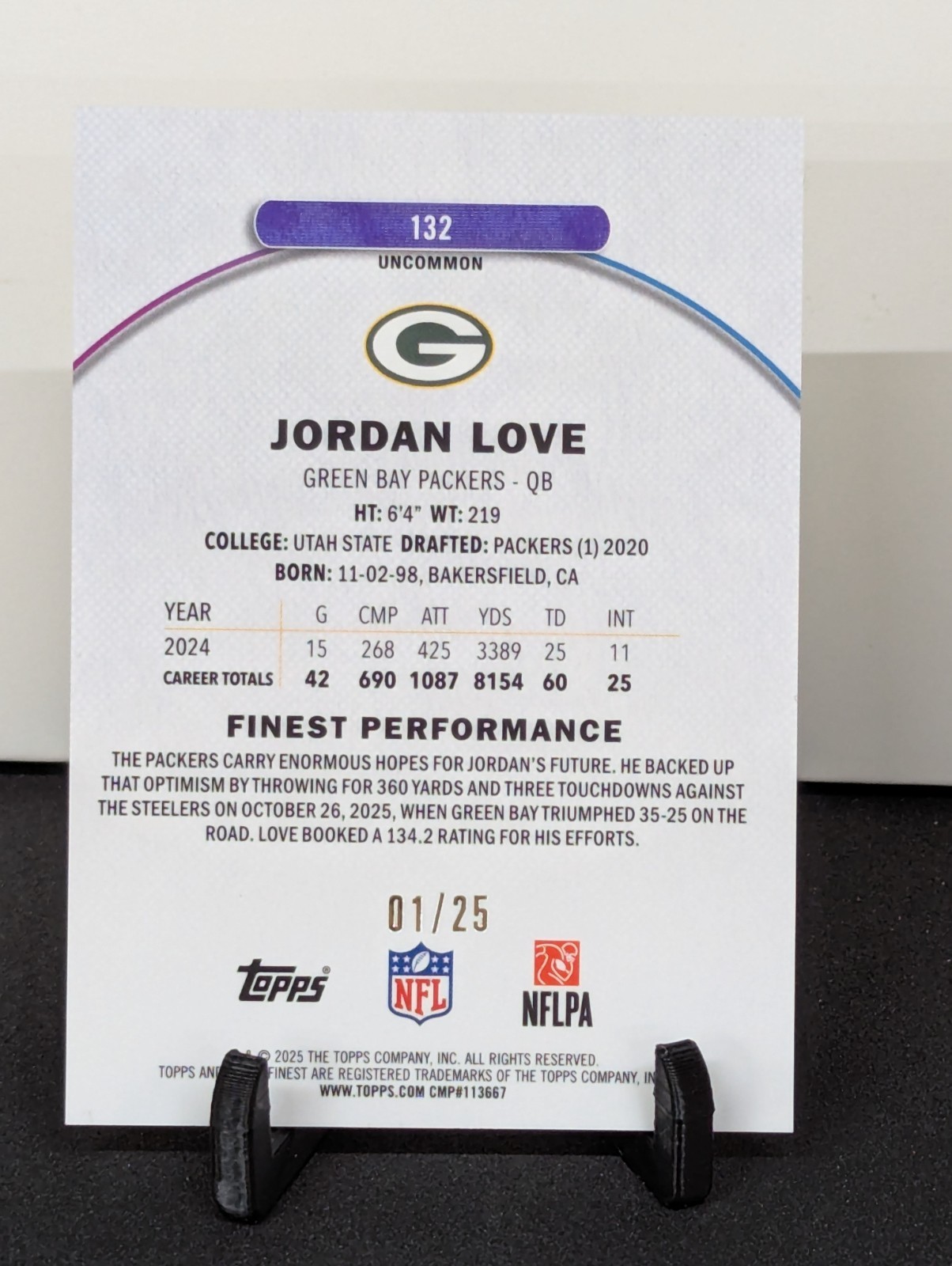 Jordan Love 2025 Topps Finest #132Gold Geometric Protective Cover #01/25 Packers
