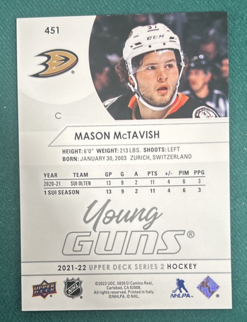2021-22 Upper Deck Series 2 – Young Guns Mason McTavish #451 (RC)