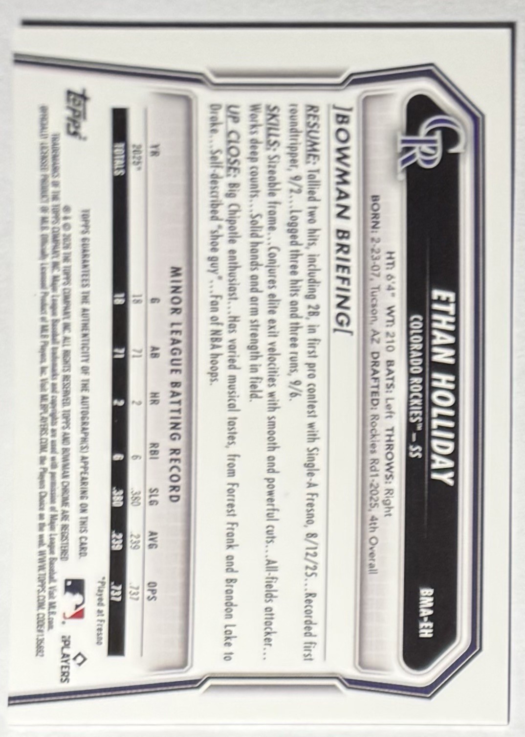 Ethan Holliday 2026 Bowman Chrome #BMA-EH Mega Box Mojo Refractor Auto Rockies