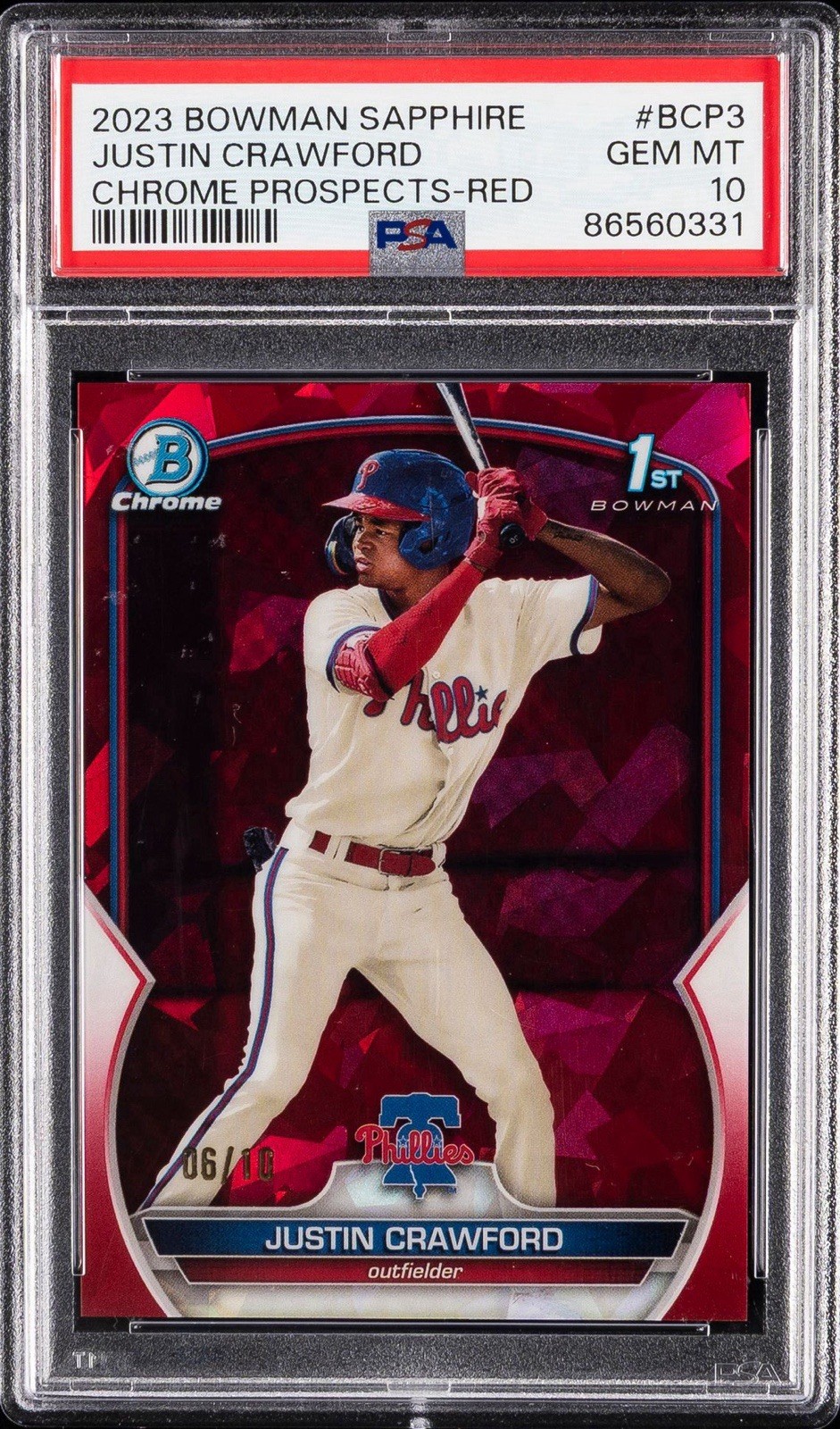 2023 BOWMAN SAPPHIRE EDITION CHROME PROSPECTS RED /10 JUSTIN CRAWFORD RC PSA 10