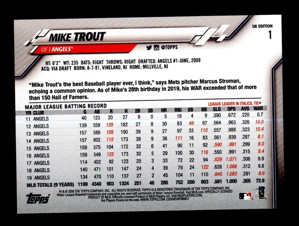 2020 TOPPS UK EDITION #1 MIKE TROUT LOS ANGELES ANGELS