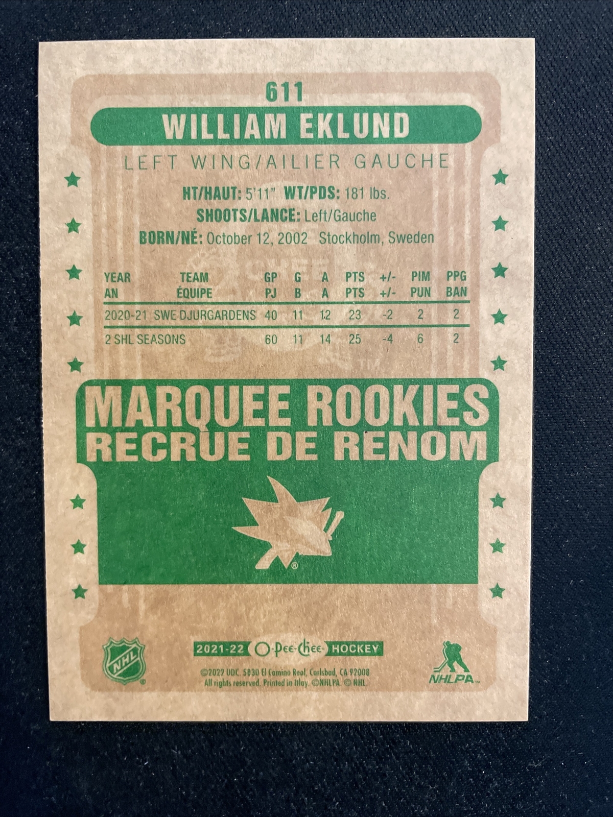 21-22 UD Series 2 Hockey Retro O-Pee-Chee Marquee Rookies 611 William Eklund