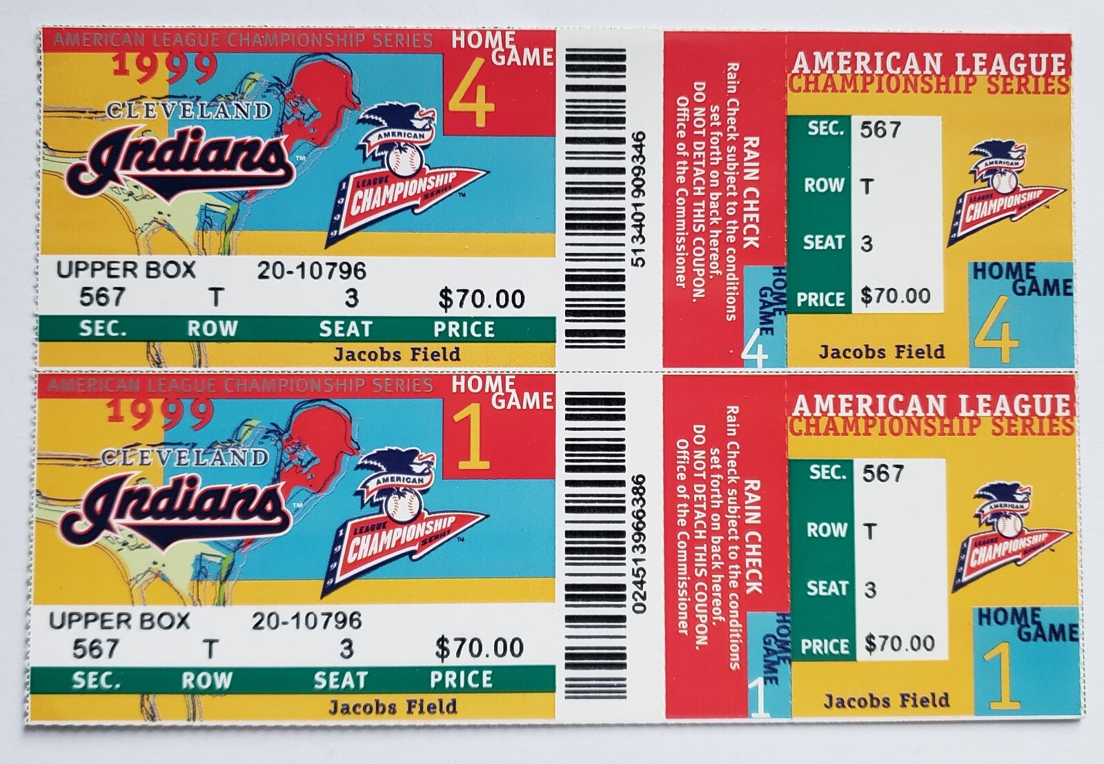 1999 MLB PLAYOFFS 2-Ticket A.L.C.S. PHANTOM Strip CLEVELAND INDIANS Games 1/4 T3