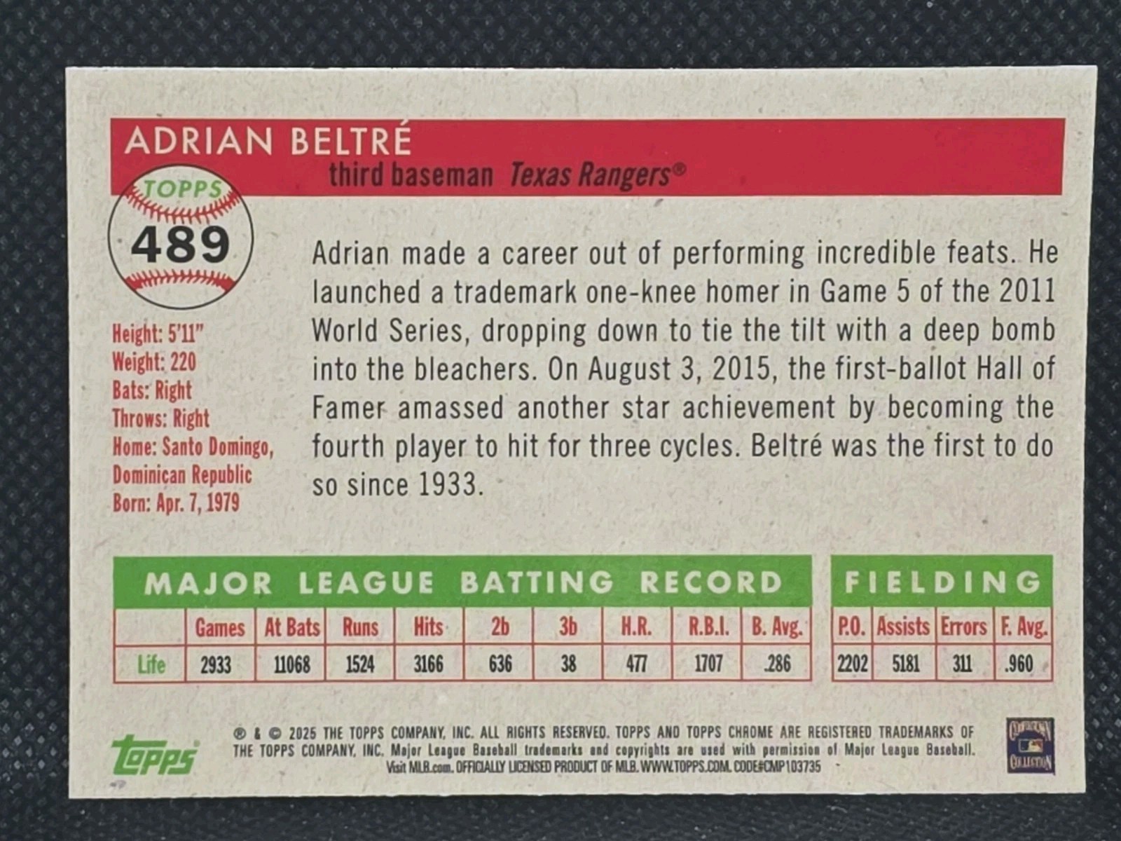 2025 Topps Chrome Platinum Adrian Beltre Rose Gold Toile Refractor /75 Rangers
